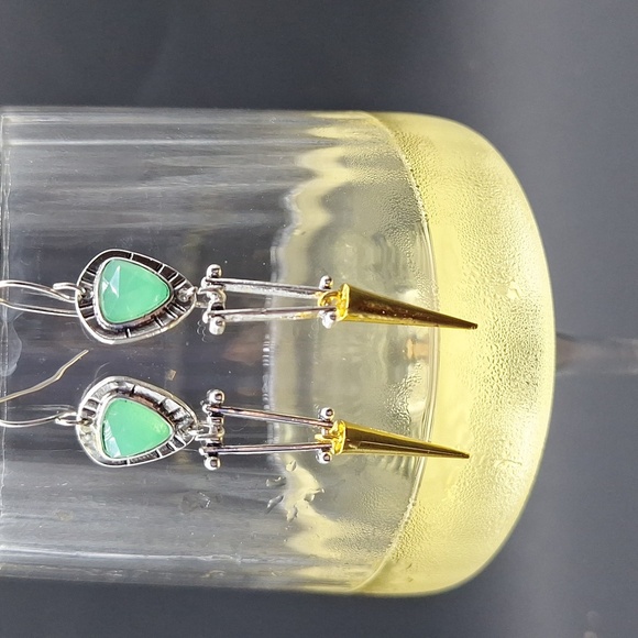 Boho Aventurine Dangle Earrings – Mixed Metal Tribal Spike Design - Picture 5 of 5